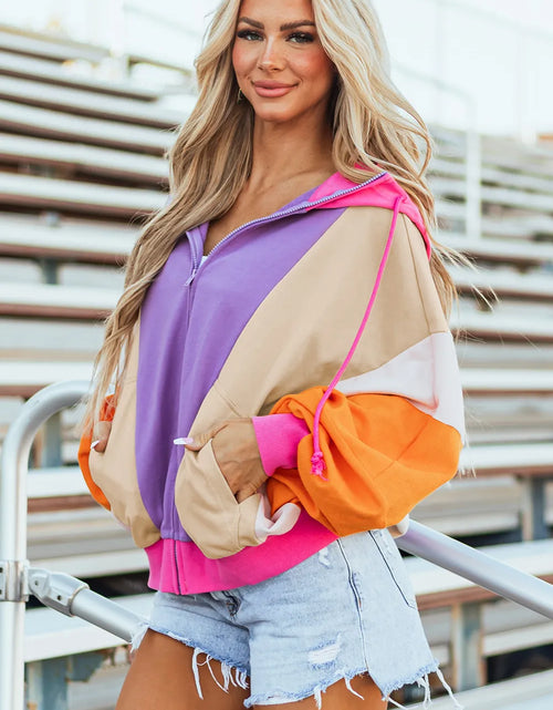 Load image into Gallery viewer, Drawstring Color Block Zip Up Long Sleeve Hoodie
