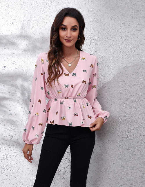 Load image into Gallery viewer, Butterfly V-Neck Balloon Sleeve Peplum Blouse

