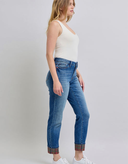Load image into Gallery viewer, Judy Blue Full Size Plaid Print Cuff Straight Leg Jeans with Pockets
