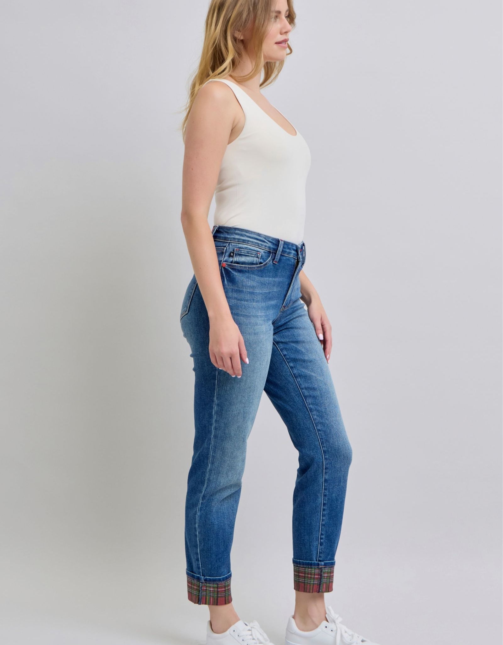 Judy Blue Full Size Plaid Print Cuff Straight Leg Jeans with Pockets