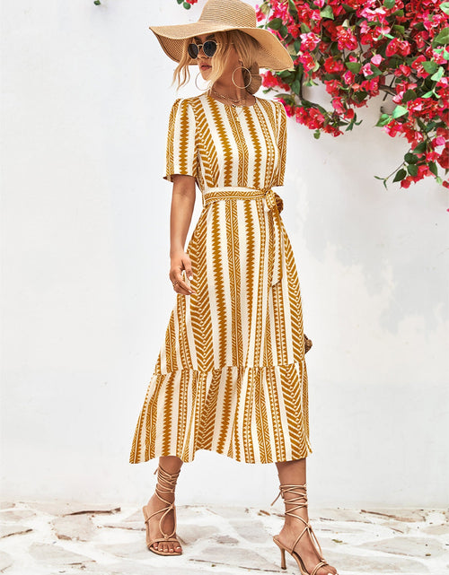 Load image into Gallery viewer, Striped Tie Belt Round Neck Puff Sleeve Dress
