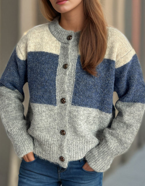 Load image into Gallery viewer, Color Block Round Neck Button Up Cardigan

