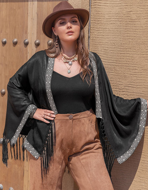 Load image into Gallery viewer, Plus Size Geometric Open Front Fringe Hem Cardigan
