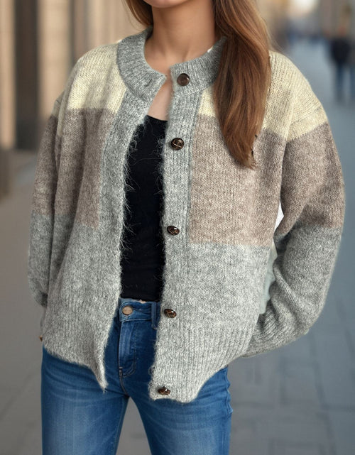 Load image into Gallery viewer, Color Block Round Neck Button Up Cardigan
