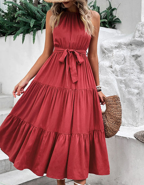 Load image into Gallery viewer, Perfee Tie Belt Tiered Midi Dress
