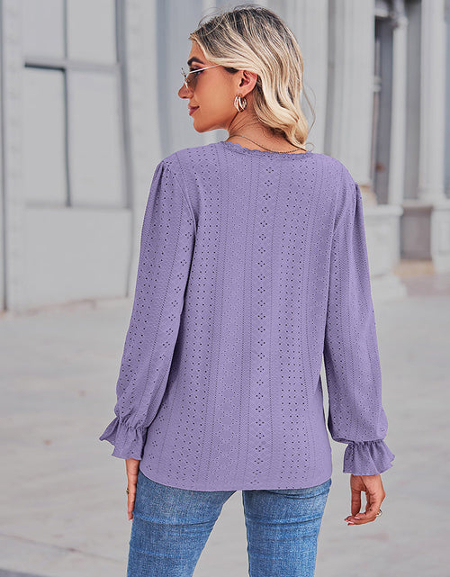 Load image into Gallery viewer, Eyelet V-Neck Flounce Sleeve Blouse
