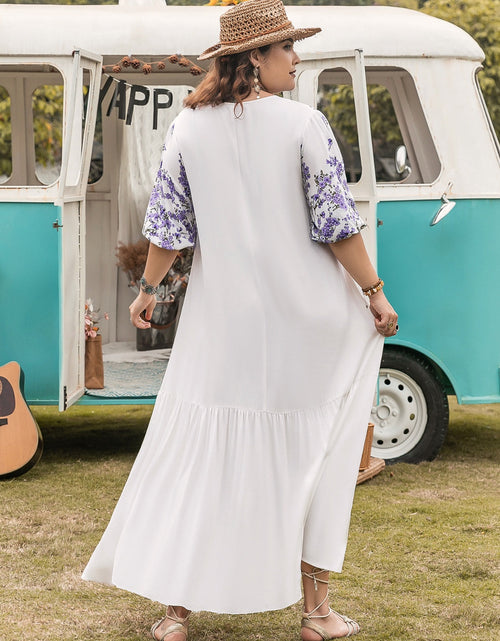 Load image into Gallery viewer, Plus Size Printed Tie Neck Half Sleeve Maxi Dress

