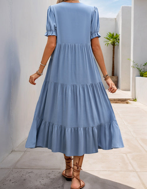 Load image into Gallery viewer, Notched Short Sleeve Tiered Midi Dress
