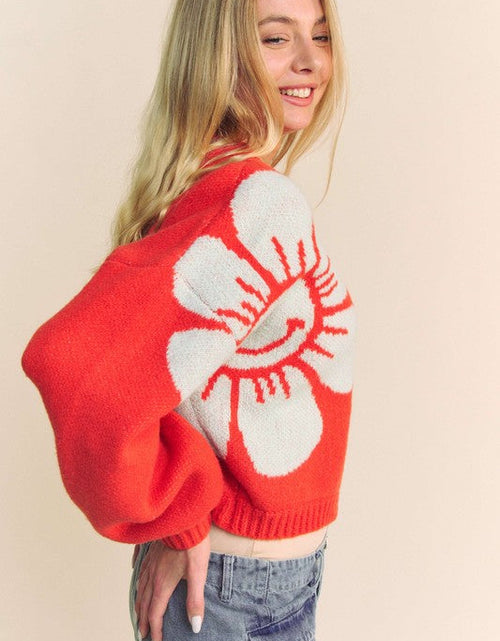 Load image into Gallery viewer, Davi &amp; Dani Flower Contrast Round Neck Long Sleeve Cardigan
