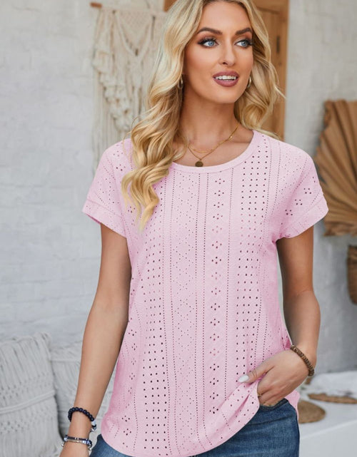 Load image into Gallery viewer, Eyelet Round Neck Rolled Short Sleeve T-Shirt

