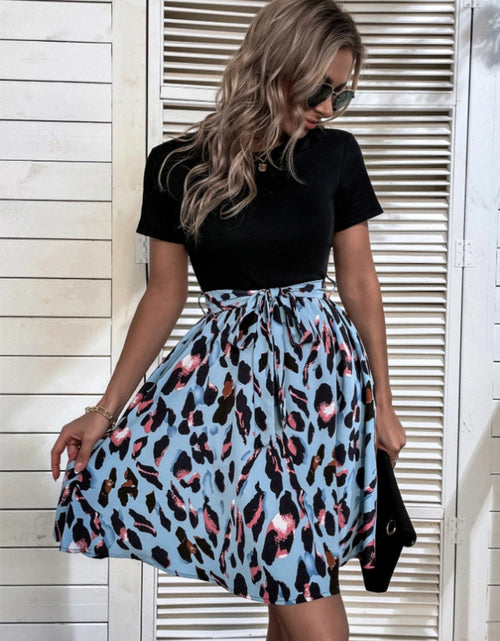 Load image into Gallery viewer, Tied Front Contrast Leopard Short Sleeve Mini Dress
