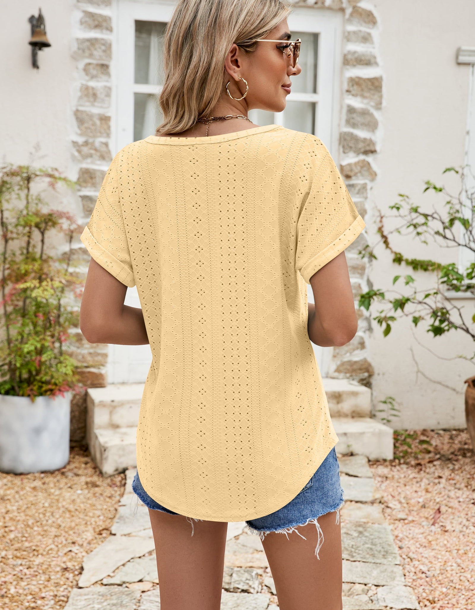 Full Size Round Neck Eyelet Short Sleeve Top