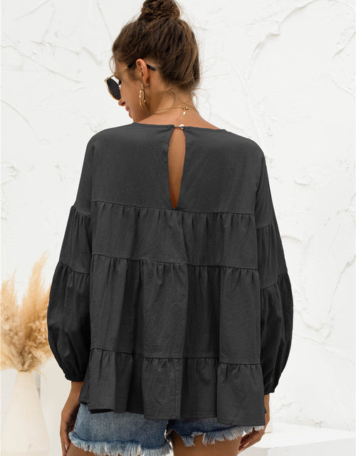 Load image into Gallery viewer, Round Neck Bubble Sleeve Tiered Blouse
