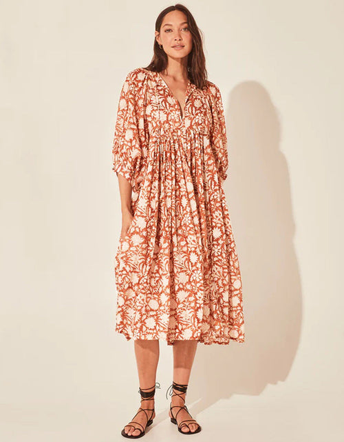 Load image into Gallery viewer, Floral Tie Neck Lantern Sleeve Dress
