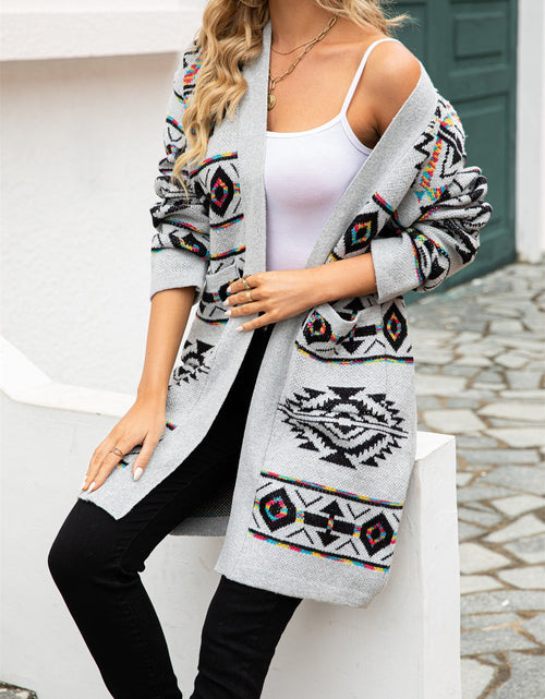 Load image into Gallery viewer, Angel Wings Pocketed Geometric Open Front Dropped Shoulder Cardigan
