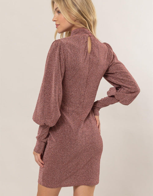 Load image into Gallery viewer, HYFVE Glitter Mock Neck Long Sleeve Mini Dress
