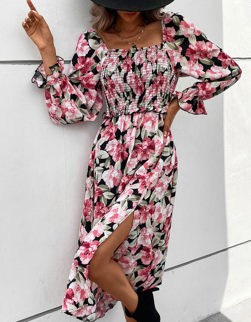 Load image into Gallery viewer, Perfee Slit Smocked Floral Flounce Sleeve Dress
