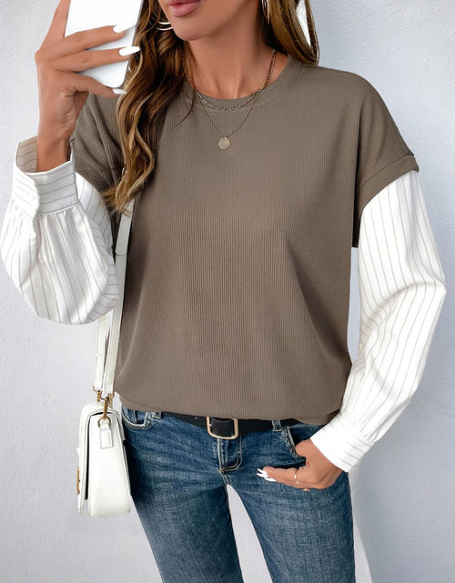 Load image into Gallery viewer, Perfee Round Neck Striped Sleeve Sweatshirt
