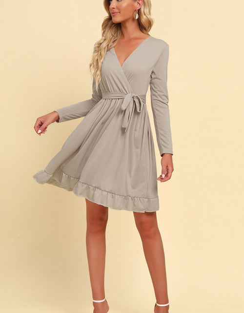 Load image into Gallery viewer, Long Sleeve Tie Waist Ruffle Hem Dress
