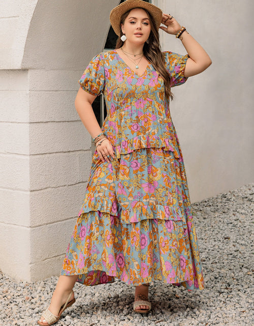 Load image into Gallery viewer, Plus Size Printed V-Neck Short Sleeve Maxi Dress
