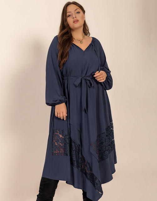 Load image into Gallery viewer, Plus Size Lace Detail Tie Neck Long Sleeve Midi Dress

