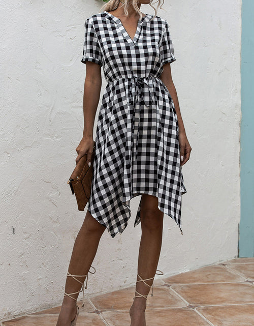 Load image into Gallery viewer, Plaid Notched Short Sleeve Dress
