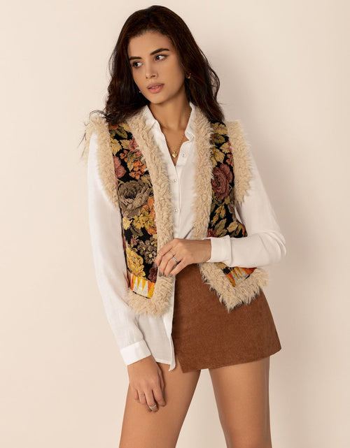 Load image into Gallery viewer, Embroidered Fuzzy Trim Open Front Vest Coat
