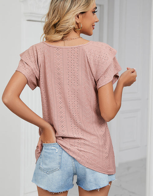 Load image into Gallery viewer, Eyelet V-Neck Short Sleeve T-Shirt
