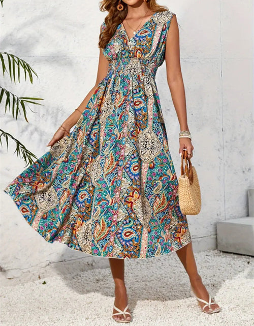 Load image into Gallery viewer, Smocked Printed Surplice Sleeveless Midi Dress

