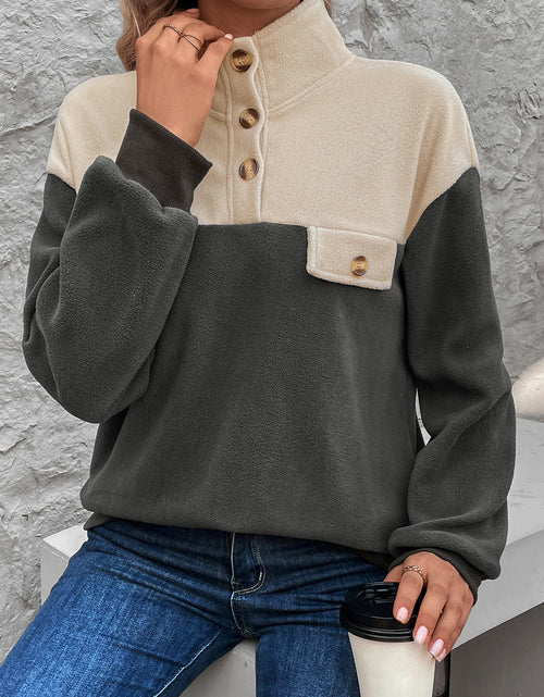 Load image into Gallery viewer, Perfee Color Block Quarter Button Dropped Shoulder Sweatshirt
