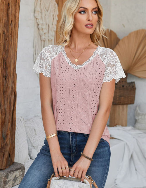 Load image into Gallery viewer, Eyelet V-Neck Lace Short Sleeve T-Shirt
