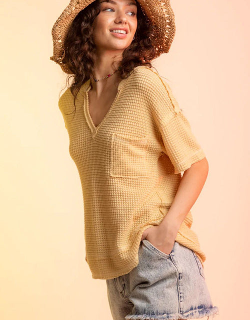 Load image into Gallery viewer, Waffle-Knit Notched Half Sleeve T-Shirt
