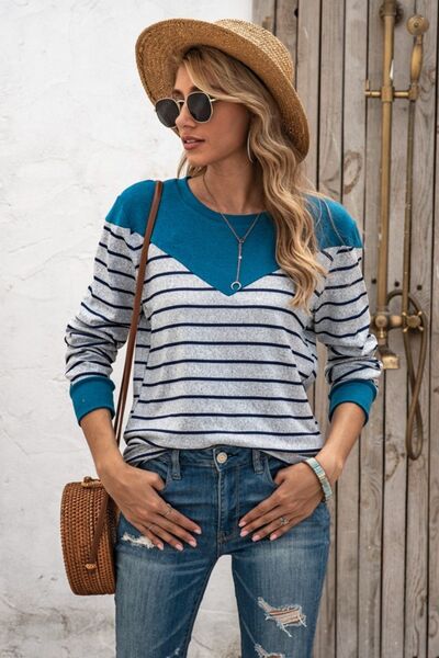 Load image into Gallery viewer, Striped Round Neck Long Sleeve T-Shirt
