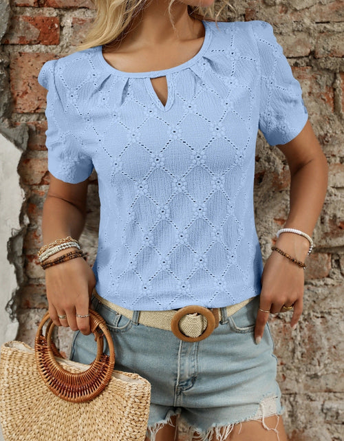 Load image into Gallery viewer, Eyelet Round Neck Short Sleeve Top
