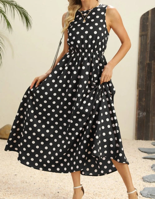 Load image into Gallery viewer, Polka Dot Round Neck Sleeveless Midi Dress
