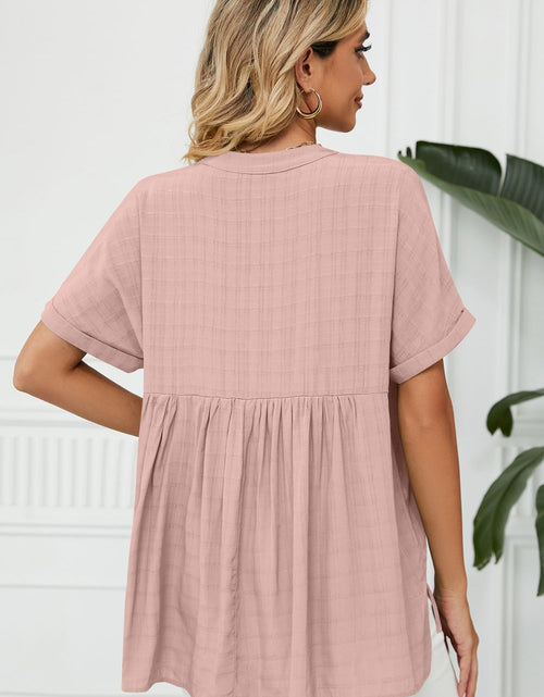 Load image into Gallery viewer, Side Slit Notched Neck Cuffed Short Sleeve Blouse

