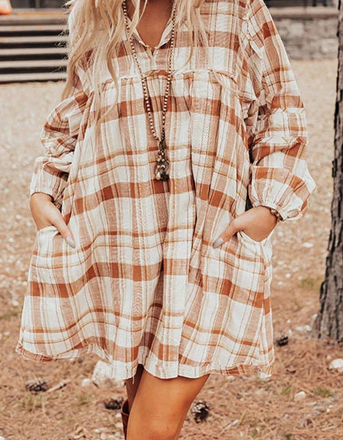 Load image into Gallery viewer, Plaid Collared Neck Long Sleeve Mini Shirt Dress
