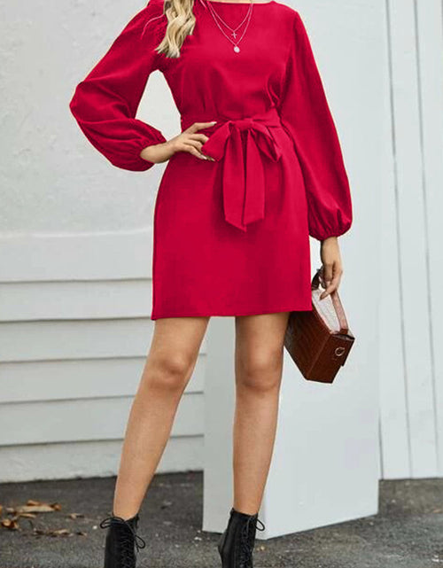 Load image into Gallery viewer, Tied Boat Neck Balloon Sleeve Mini Dress
