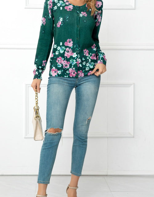 Load image into Gallery viewer, Woven Right Floral Button Front Round Neck Cardigan
