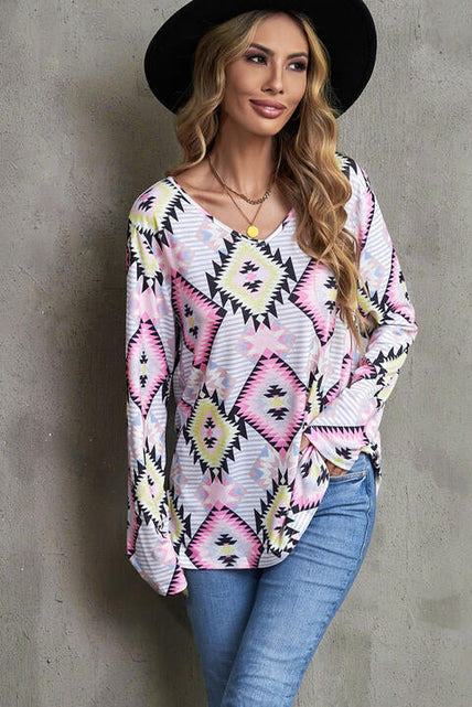 Load image into Gallery viewer, Geometric V-Neck Long Sleeve T-Shirt
