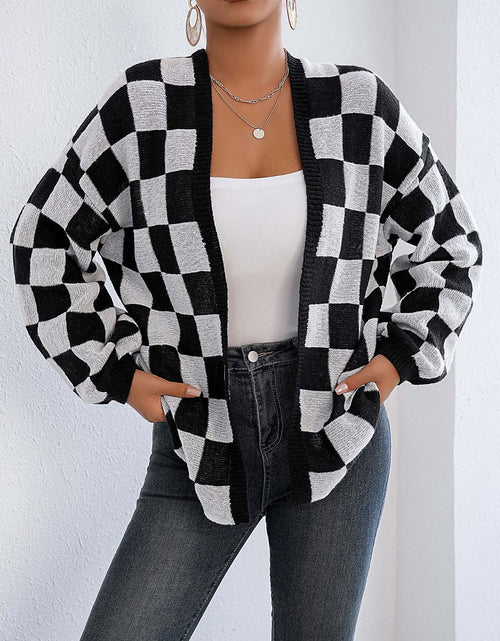 Load image into Gallery viewer, Checkered Open Front Long Sleeve Cardigan
