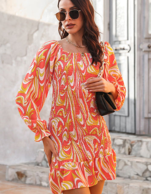 Load image into Gallery viewer, Abstract Print Square Neck Smocked Dress
