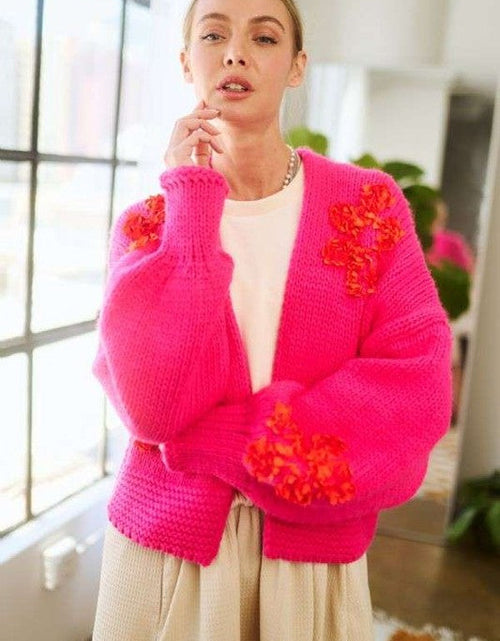 Load image into Gallery viewer, Davi &amp; Dani Floral Applique Open Front Drop Shoulder Cardigan
