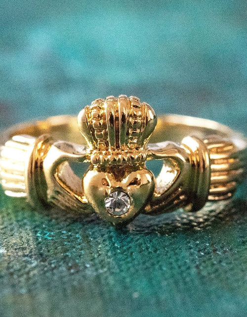 Load image into Gallery viewer, Antique Dainty Claddagh Ring Clear Swarovski Crystal 18k Irish Gold Womans Jewelry Claddagh Rings R3443 by PVD Vintage Jewelry
