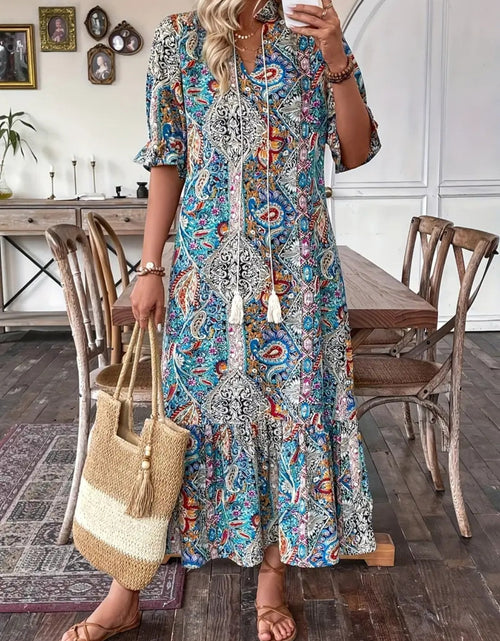 Load image into Gallery viewer, Printed Tie Neck Flounce Sleeve Midi Dress
