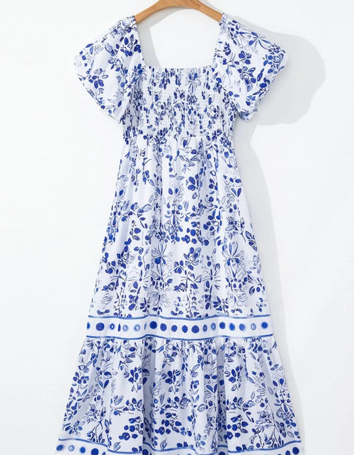 Load image into Gallery viewer, Smocked Printed Square Neck Puff Sleeve Dress
