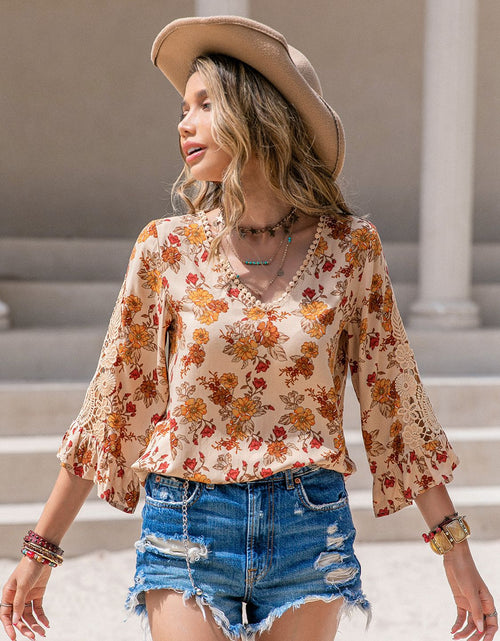 Load image into Gallery viewer, Floral V-Neck Spliced Lace Blouse
