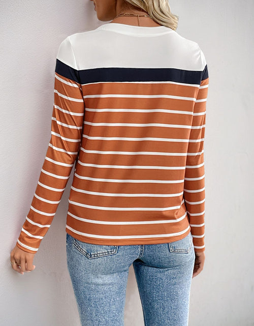 Load image into Gallery viewer, Perfee Contrast Striped Round Neck Long Sleeve T-Shirt
