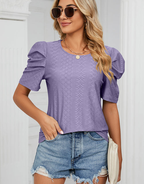 Load image into Gallery viewer, Eyelet Round Neck Puff Sleeve T-Shirt
