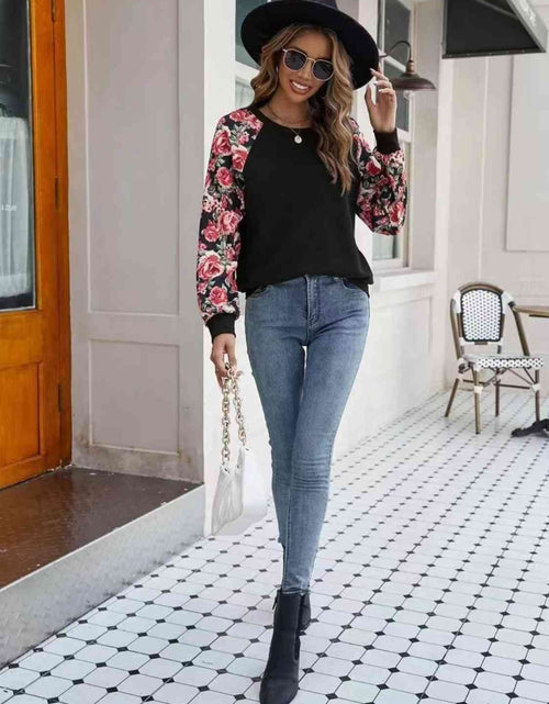 Load image into Gallery viewer, Floral Raglan Sleeve Round Neck Sweatshirt
